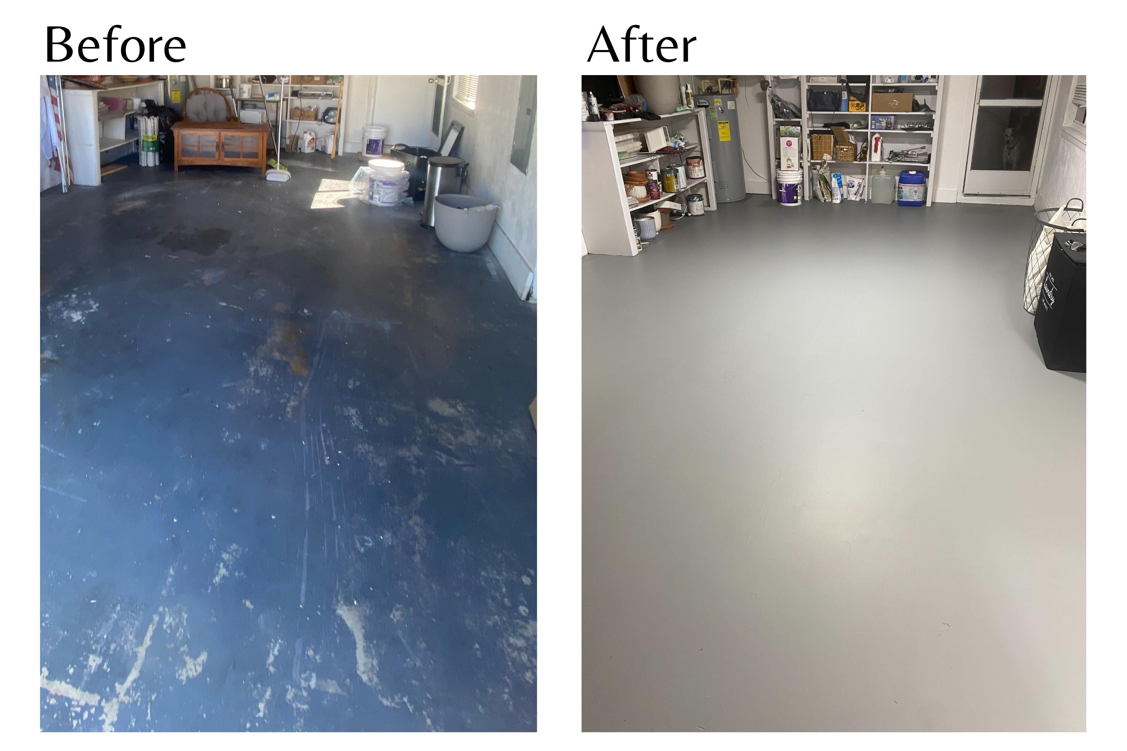 Before and after of scratched and stained garage floor vs a painted floor with organized shelves. 