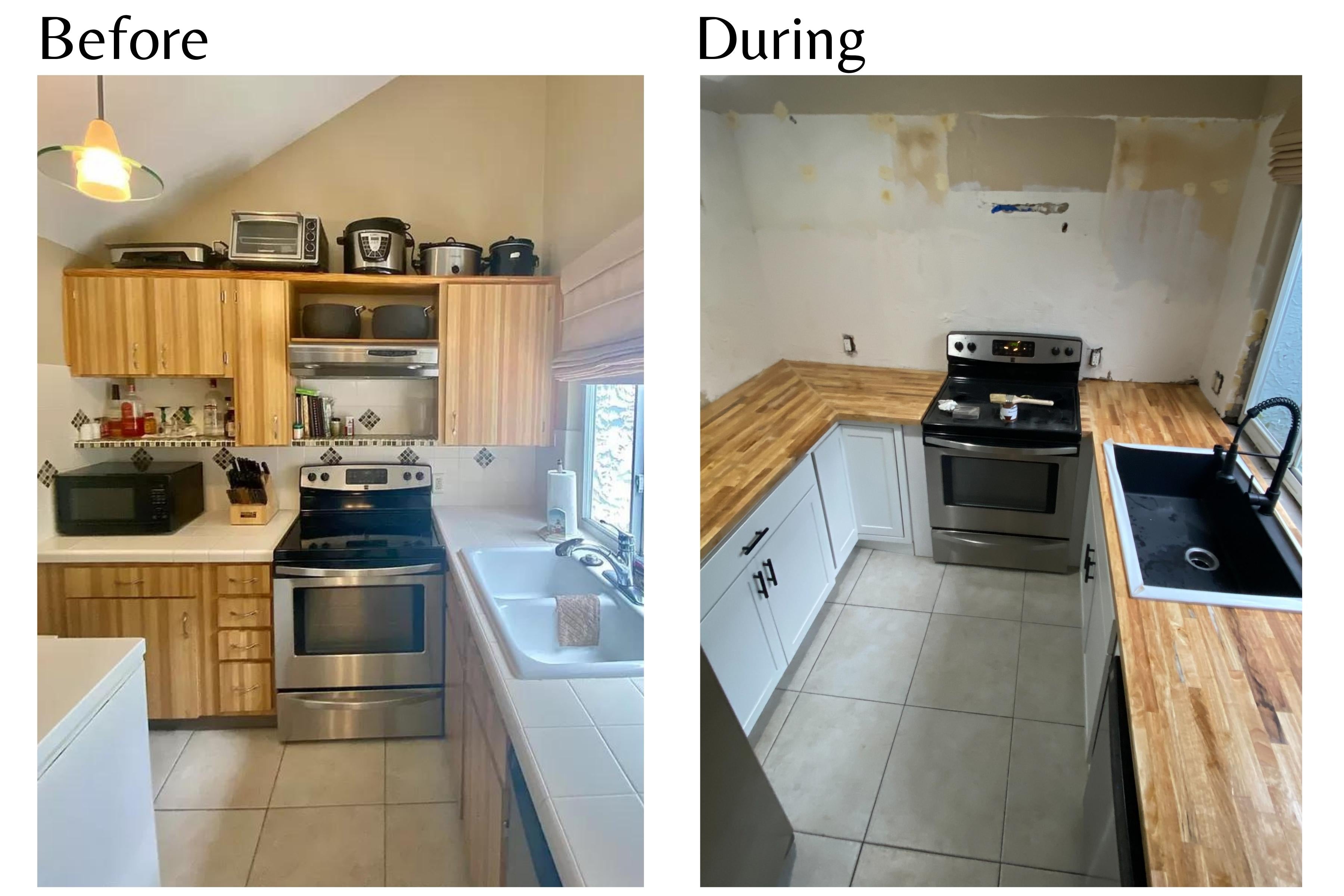 Photos of kitchen before with all dated cabinets and during with removed top cabinets