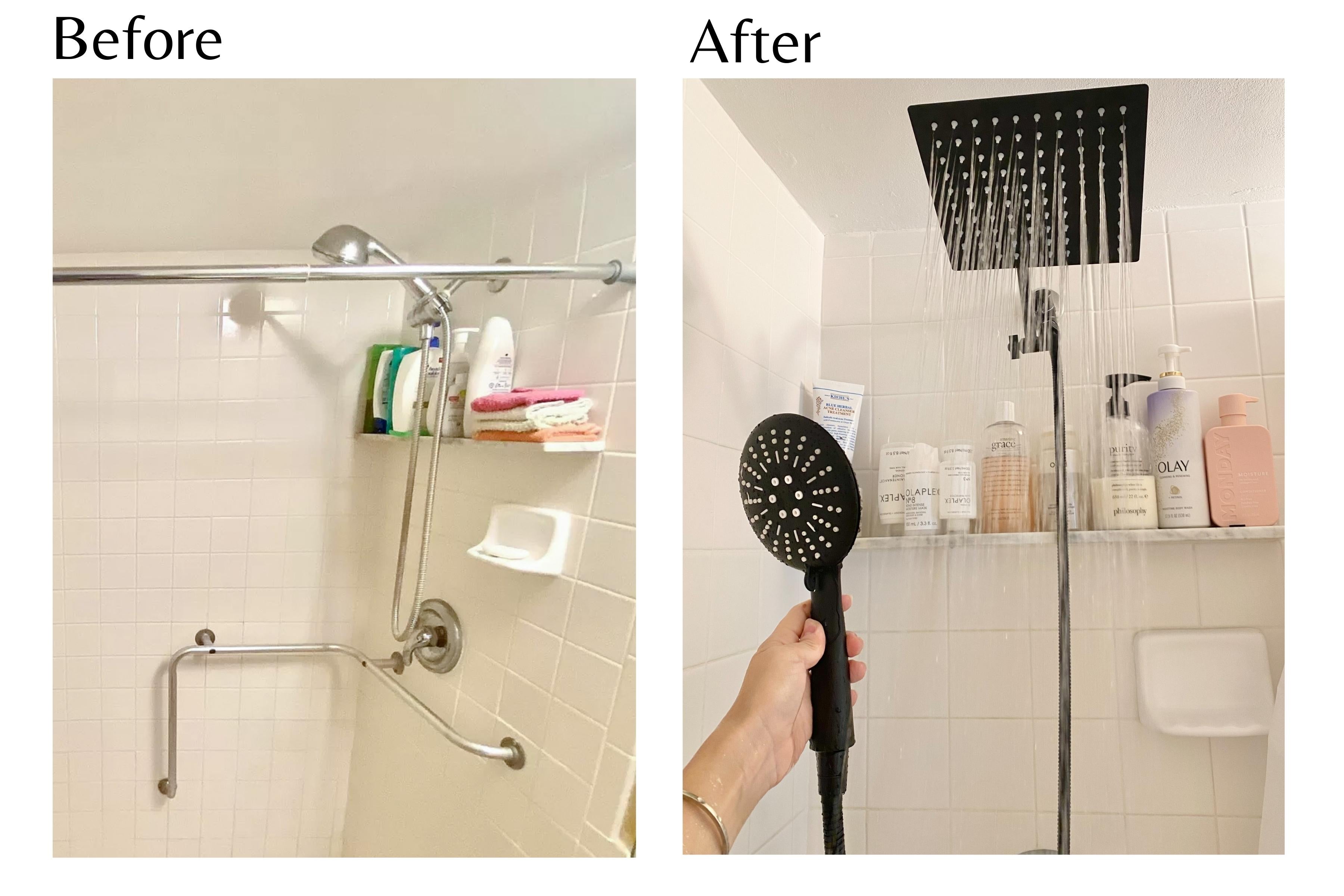 Before and after photo of a dated silver shower head replaced with a new matte black shower head