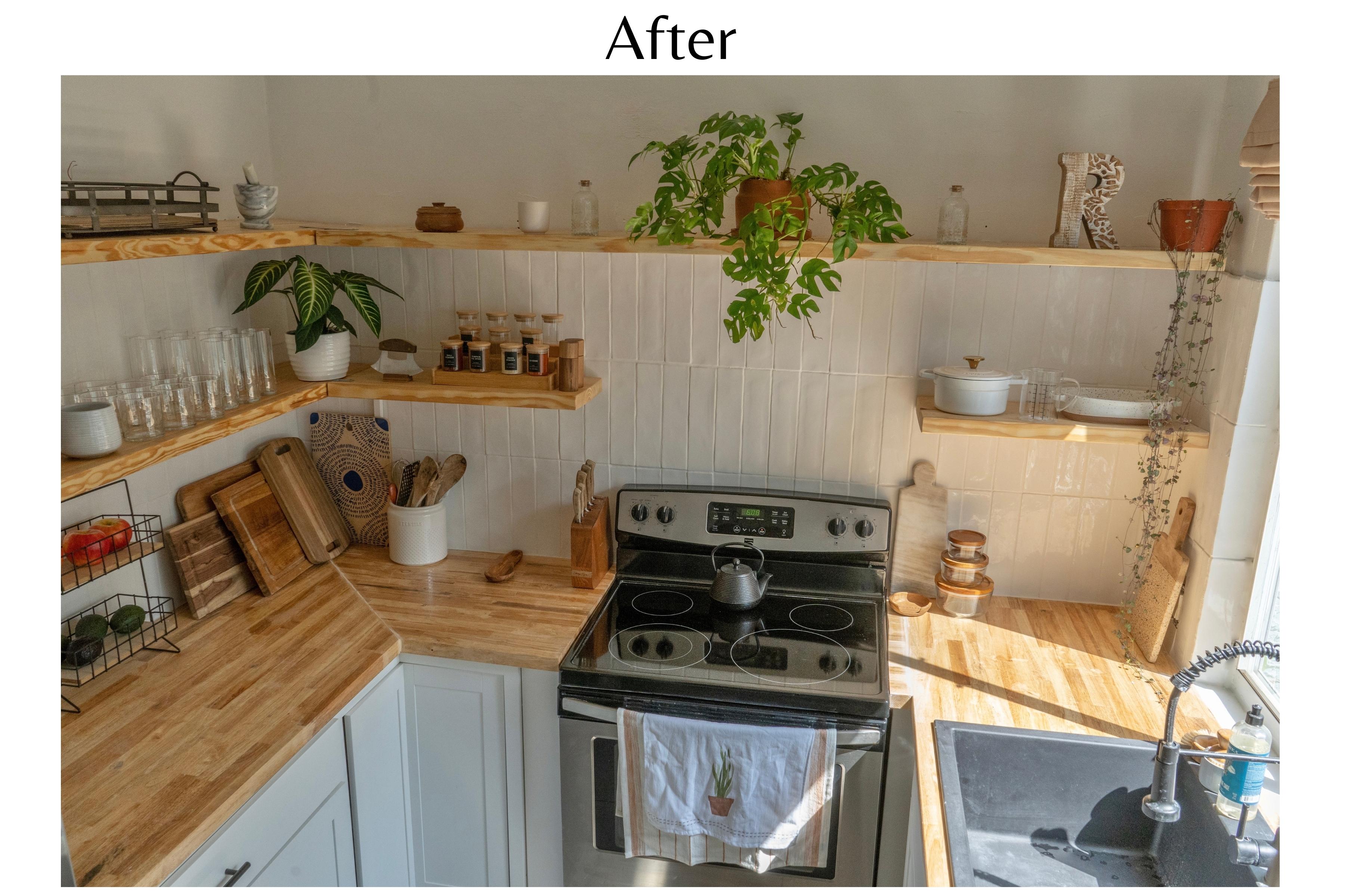 after image of kitchen with natural wood open shelving 