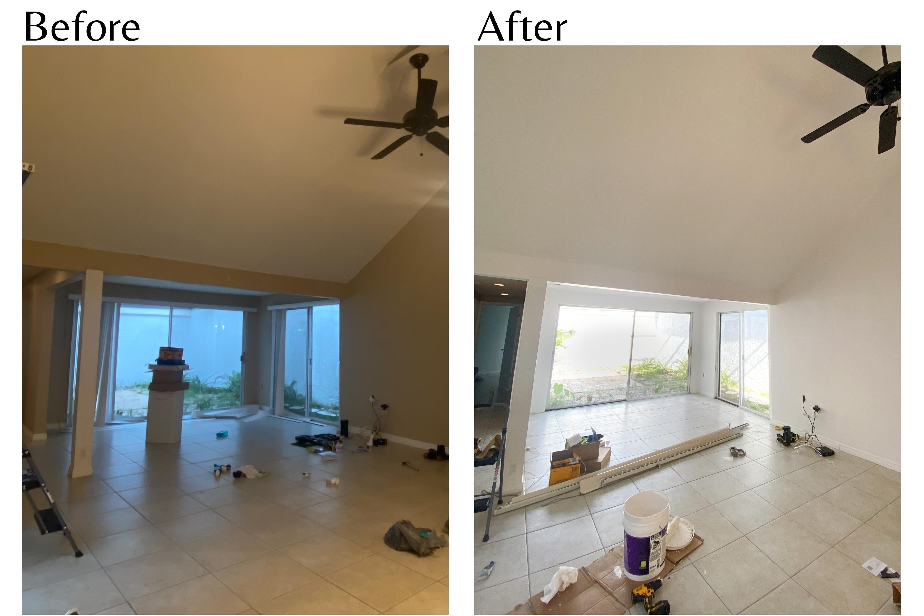 Before and after or beige living room vs white and bright living room