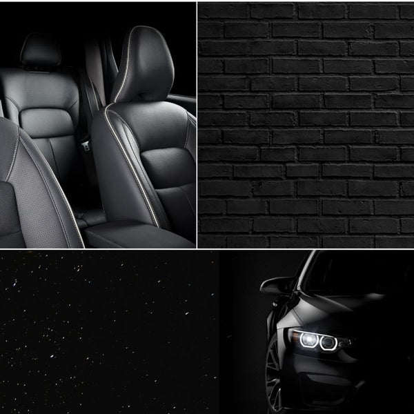 Black leather seats, black brick wall, black car and black sky with stars (from left top to bottom left)