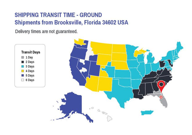 United States map with Ground Shipping timelines from Brooksville, Florida