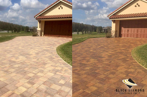 Before and After image of red driveway pavers using the DOMINATOR SG+