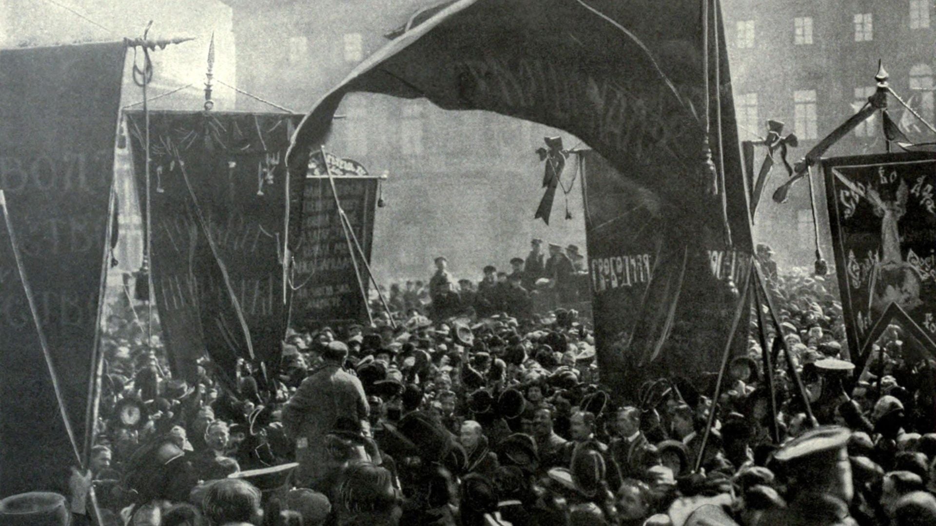 Bolshevik banners and speakers in St. Petersberg during the Russian Revolution. 1917. 