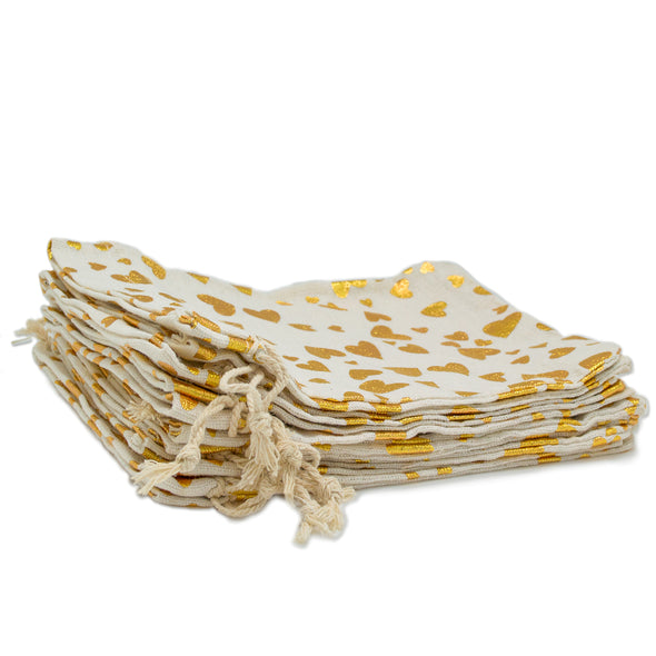 4" x 6" Cotton Muslin Gold Heart Drawstring Gift Bags