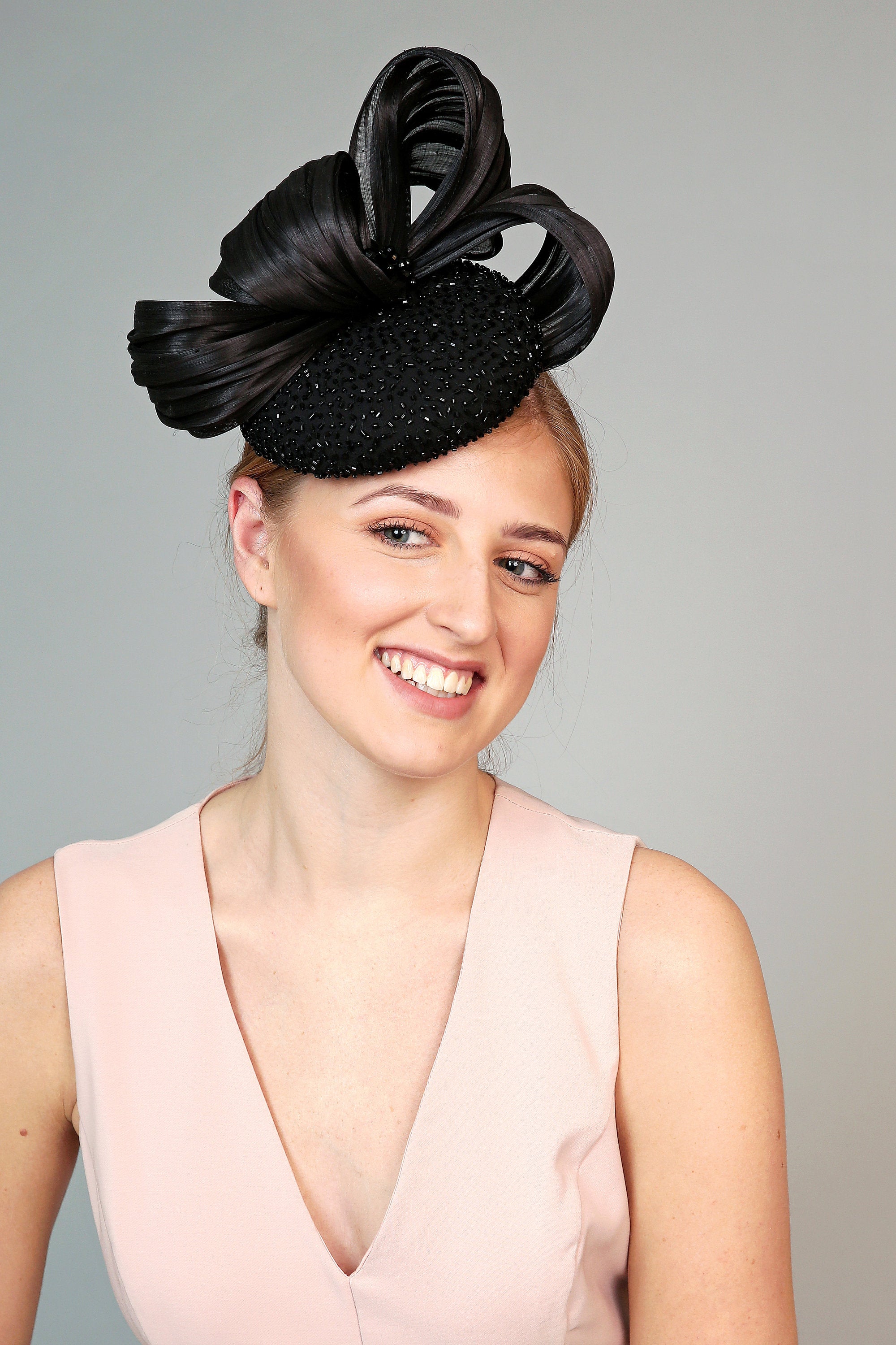Black Crystal Beaded Pillbox Fascinator Hat Kate Middleton Style Royal Ascot Hat Georgina