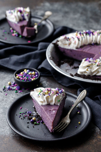 A fun and festive Ube and Coconut Cream Pie with a chocolate cookie crust. (Source: Love and Olive Oil)