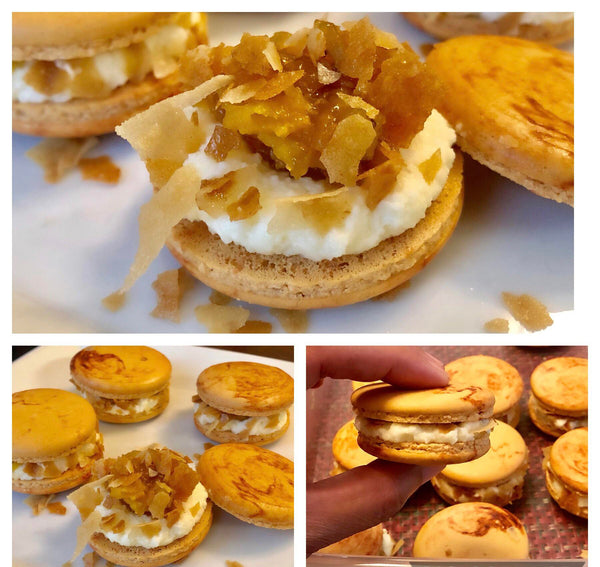 The fanciest turon you’ll find: a macaron with flakes of lumpia wrapper, caramelized plantain, jackfruit, and Swiss buttercream. (Source: r/macarons on Reddit)