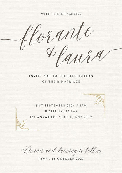 A simple example of a Filipino wedding invitation with just the basics details: the location, time, and date of the couple’s nuptials.