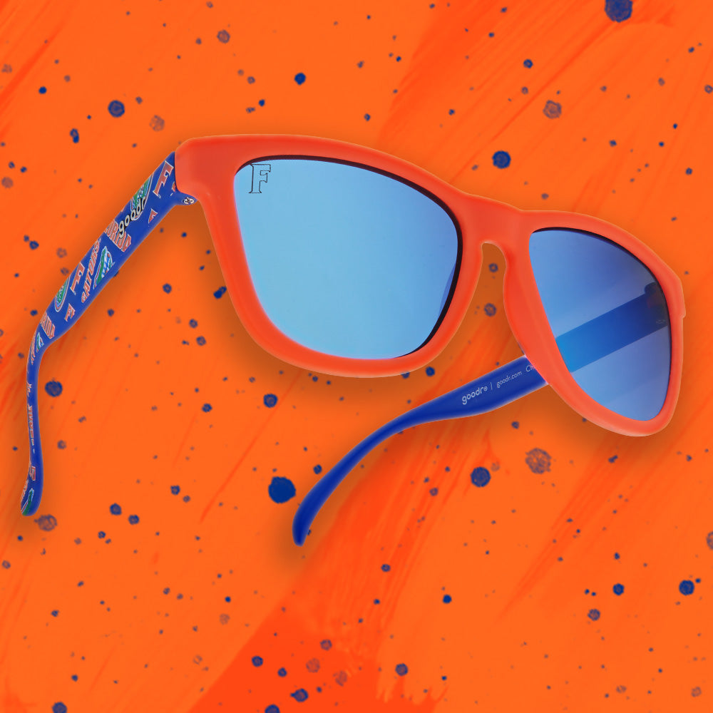 florida collegiate collection sunglasses gator chomp goggles blue and orange frames with blue lenses