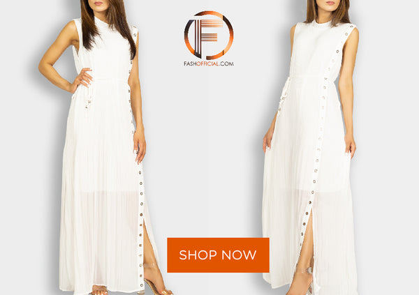Fash official White Pleated Long Maxi Dress with Studded Metal Holes