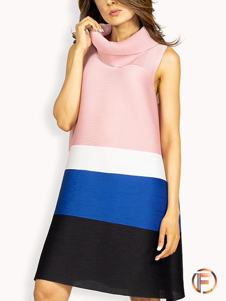 Soft Pink Slinky Short Dress with Colored Horizontal Stripes
