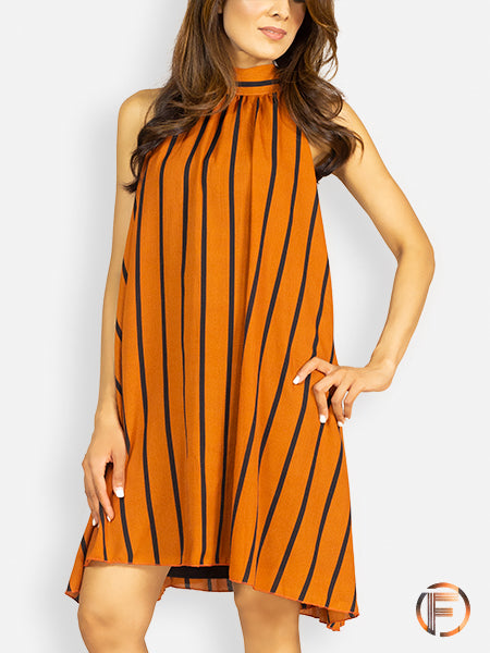 Orange and Black Vertical Stripe Short Dress