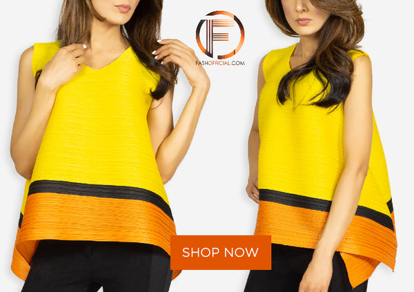 Bright Yellow Slinky Top with Colored Horizontal Stripes