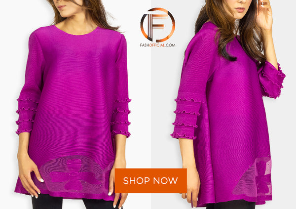 Shocking Pink Slinky Top with Frill Sleeves and Sequence Work