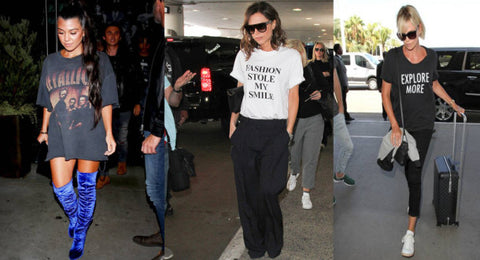 Victoria Beckham, Kourtney Kardashian and Charlize Theron airport looks in Slogan T-Shirts