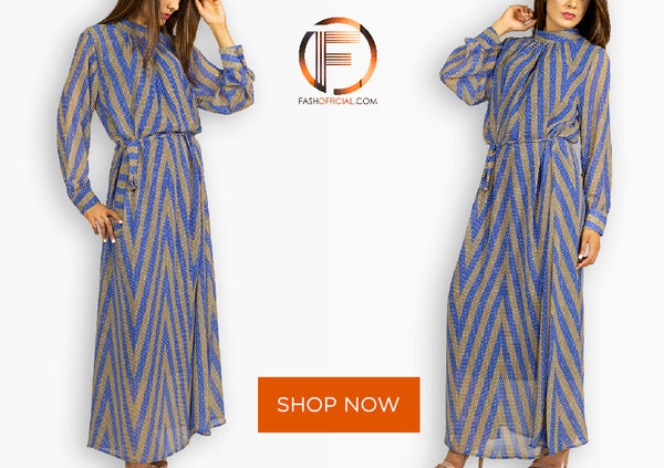 Fash Official Blue and Brown Polka Dot "V" Striped Maxi Dress