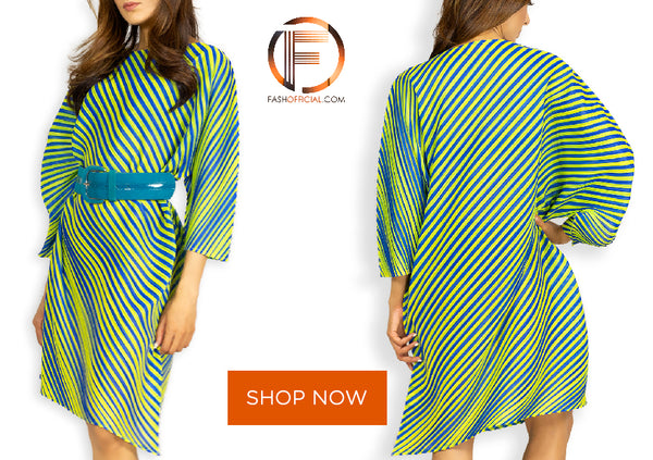 Fash Official Neon Blue and Yellow Slinky Dress with Slanted Stripes