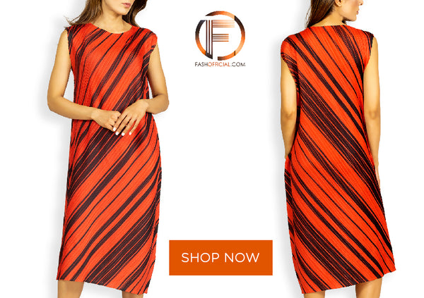 Hot Red Long Slinky Dress with Black Slanted Stripes