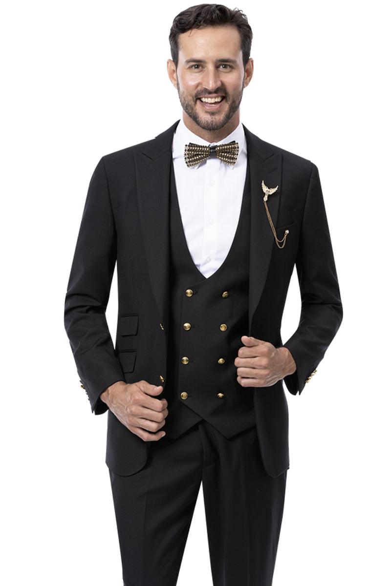 EJ Samuel Men's Formal Vested Suit w/ Double Breasted Vest & Gold Buttons in Black