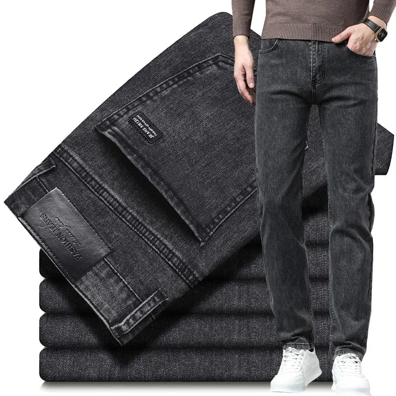 Men's Black Gray Jeans Stretch Classic Slim  Black Denim Pants Elasticity Male  Casual Trousers