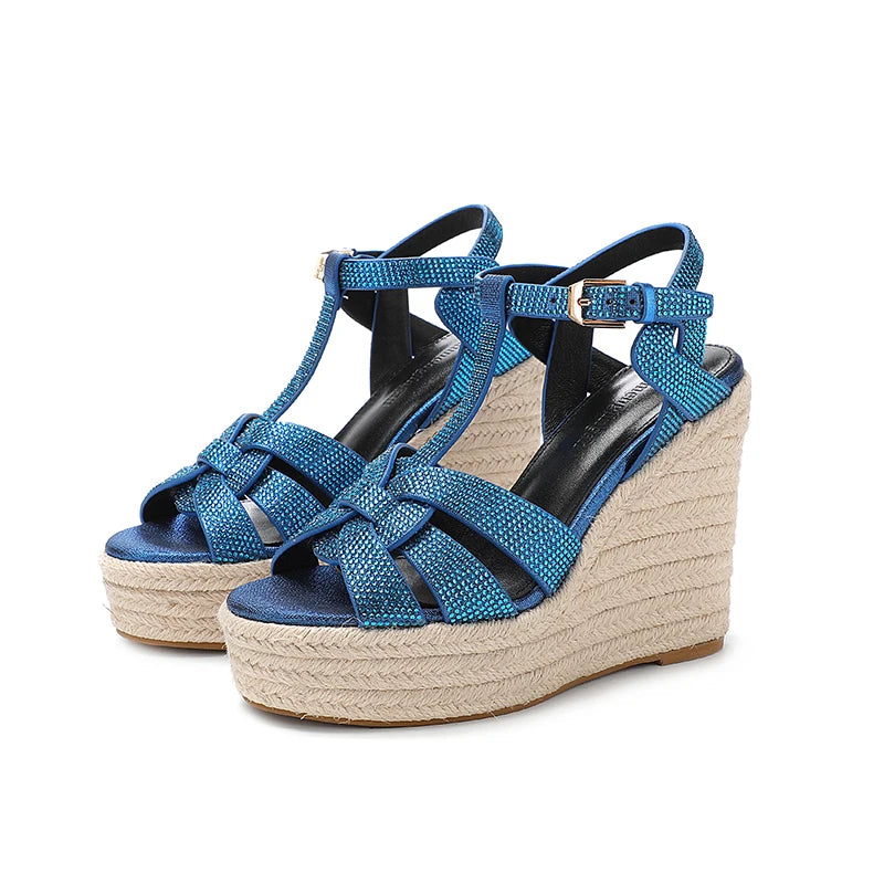 Women's Slope Heeled High Heels Genuine Leather Hemp Soled Thick Sole Sandals12CM Luxury Crystal Party Shoes