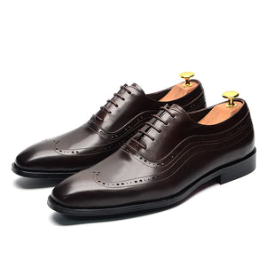 Men's Oxford Dress Shoes Genuine Leather Wholly Dark Brown Wingtip Brogue Lace-up Wedding Formal - MartLion