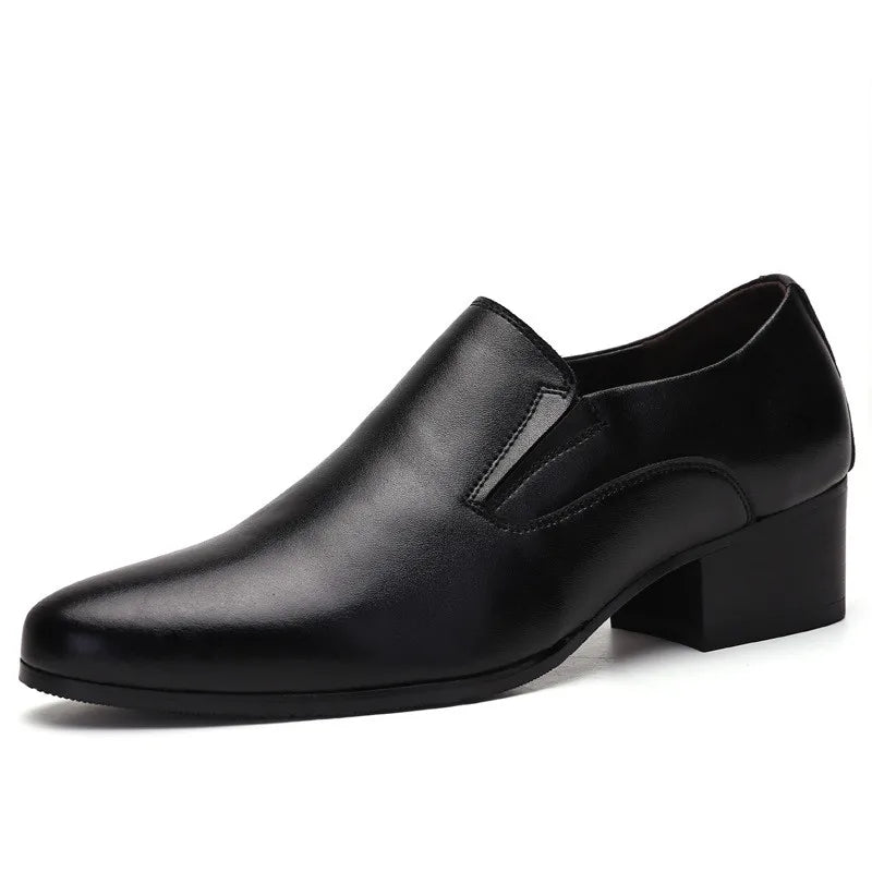 6-8 cm Height Increasing Men's Dress Shoes Slip On Pointed Toe Cowhide Leather Classic Formal Oxfords Black