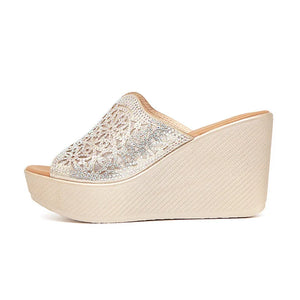 Silver Rhinestone Floral Wedding Shoes Women High Heels Summer Chunky Platform Wedges Slippers Office - MartLion
