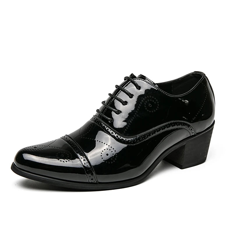 Dress Leather Shoes Men's High Heel 6cm Pointed Toe Brogue Wedding Height Increase Formal Career Work Jazz Dance