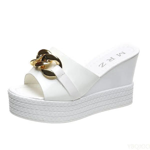 Chain High Heels Slippers Women Wedding Shoes Summer White Black Platform Wedges Slides Ladies Beach Slippers - MartLion