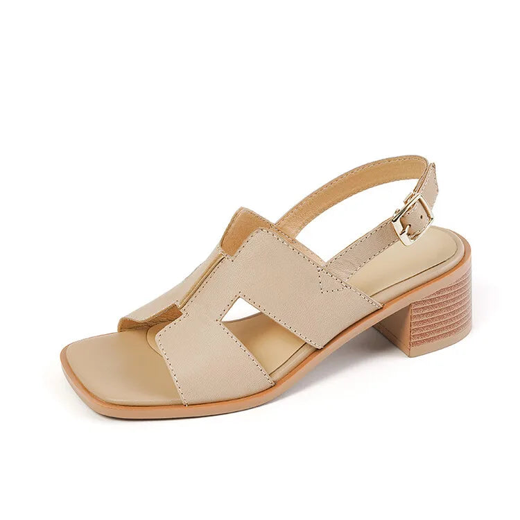 Summer Women Shoes Square Toe Chunky Heel Sandals High Heels Ladies Casual Leather Genuine