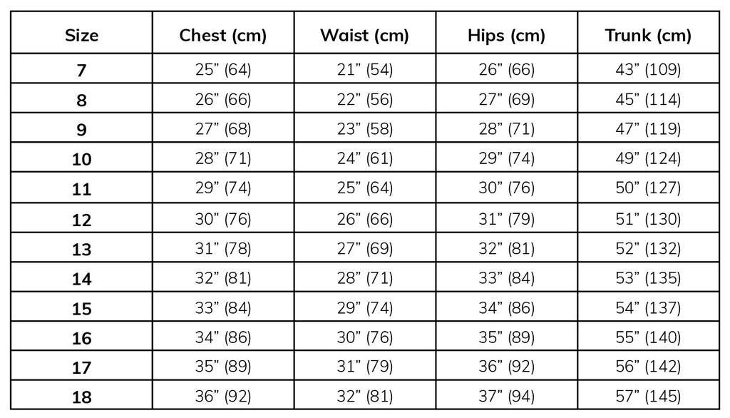 Lowland Kids Youth size chart