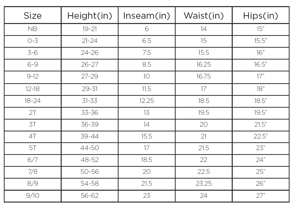 Kids Pants Size Chart