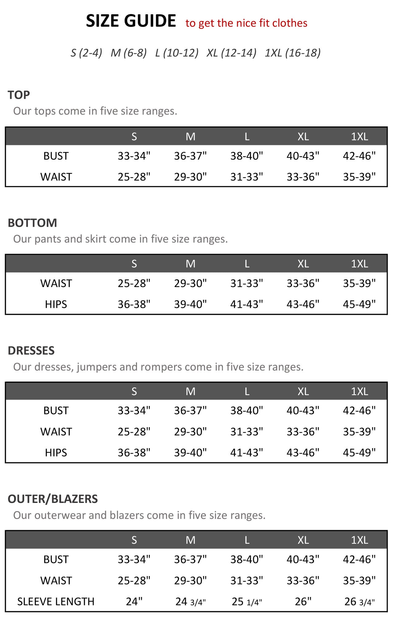 Jordan Fashions Size Chart