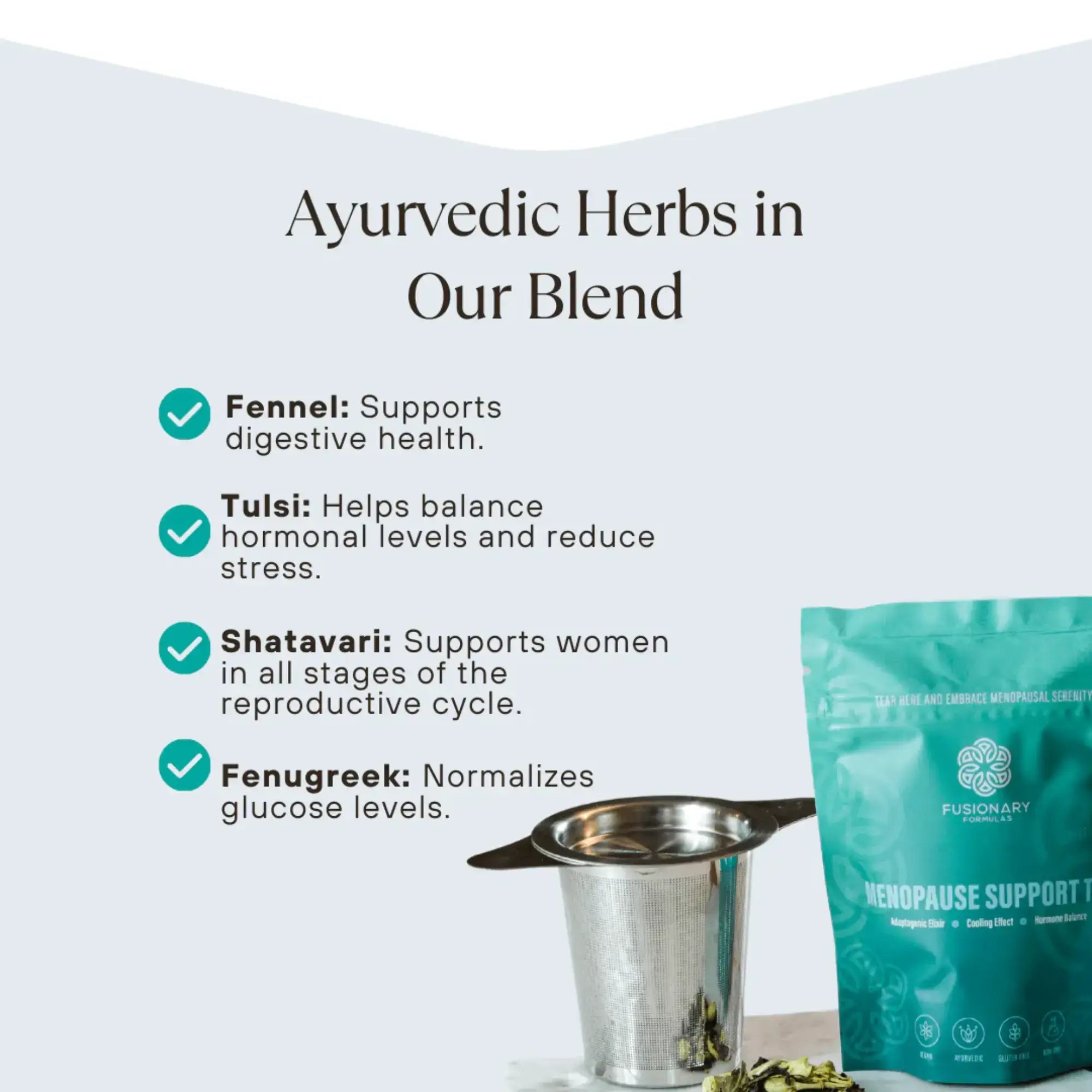 Menopause Support Tea package with brewing instructions, promoting hormonal balance naturally.