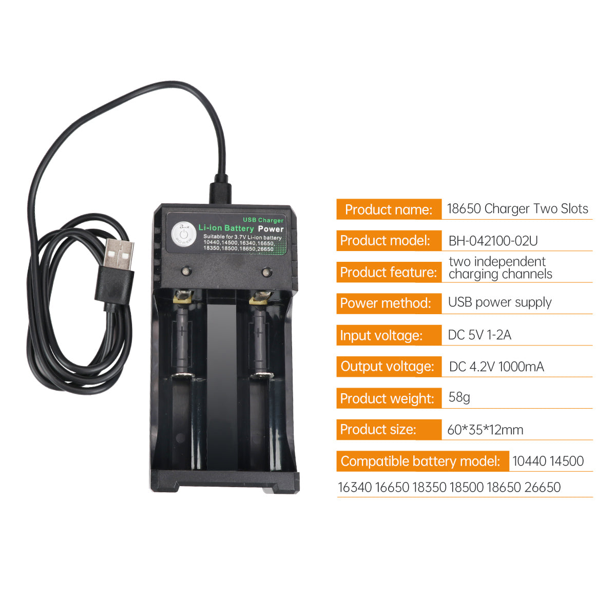 Li-ion Battery Power 2-Slots 18650 Battery Charger with USB – Hiwonder