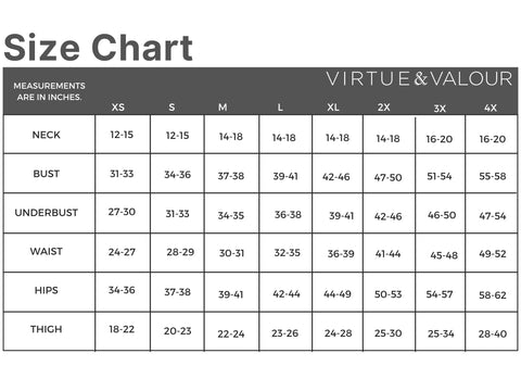 The size chart for virtue & valour harnesses.