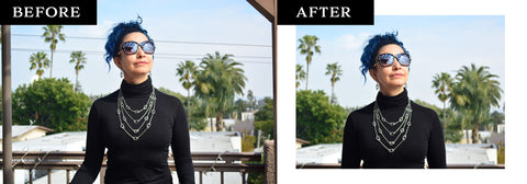 before and after example of photo editing. Photo shows Rebeca wearing a multi-strand, stainless steel statement necklace over a long-sleeve black turtleneck. She is outdoors on a balcony, wearing large sunglasses with her head tilted up toward the sun. The before image shows power lines running behind her head; those have been edited out in the after version