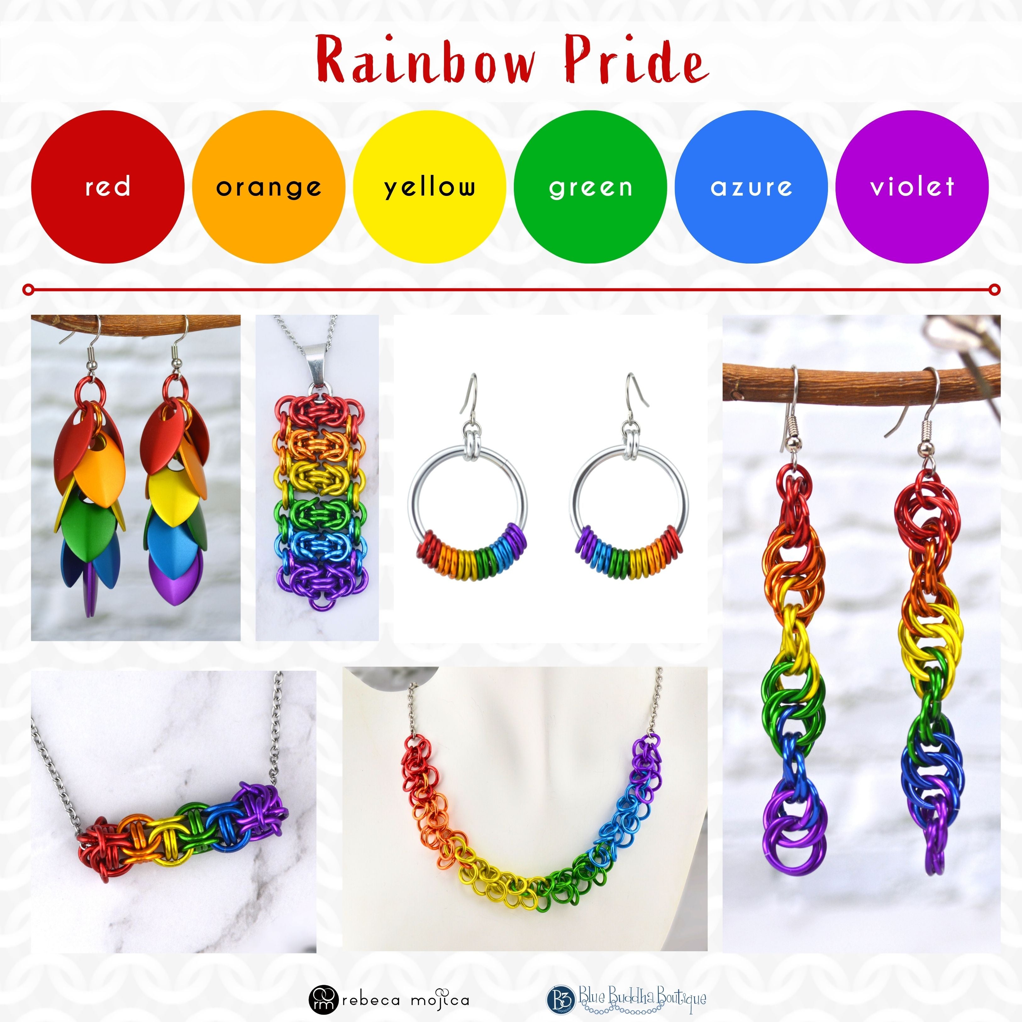 Collage of rainbow pride chainmaille jewelry by Rebeca Mojica. Six circular color swatches for red, orange, yellow, green, azure, and violet are at the top. Below are specific pieces: Long Feathered Leaves Earrings, Rectangle Pendant, Coiled Hoop Earrings, Helix Earrings, Fringe Necklace, and Sliding Tube Necklace, all in rainbow colors