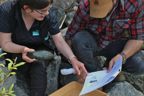 Two Britannia Mine Educational Interpreters crouch over a box and compare notes and insect samples. Plants, stones and creek bed in background