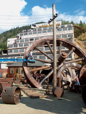 scooby doo film set at Britannia Mine Museum with large wagon wheel in foreground