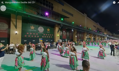 Mangueira's Comissão de Frente performing in front of their warehouse at Cidade do Samba. 