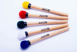 Photo of several colors of IVSOM surdo mallets, terceira mallets. The smaller mallet head for third surdo. 