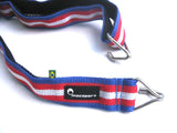 Two hook waist strap made by Macapart. Colors are Red, white, and blue. Soft padded strap.
