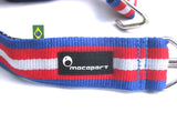 Two hook red white and blue Macapart strap with a tiny brazilian flag. Macapart logo is prominent. 