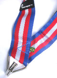 Macapart red, white, blue samba strap. One hook for the shoulder. black padded lining.