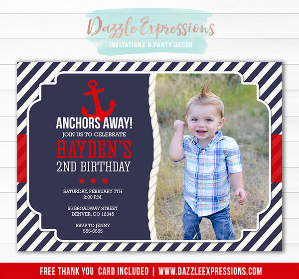 Anchor Birthday Invitation - FREE thank you card – Dazzle Expressions