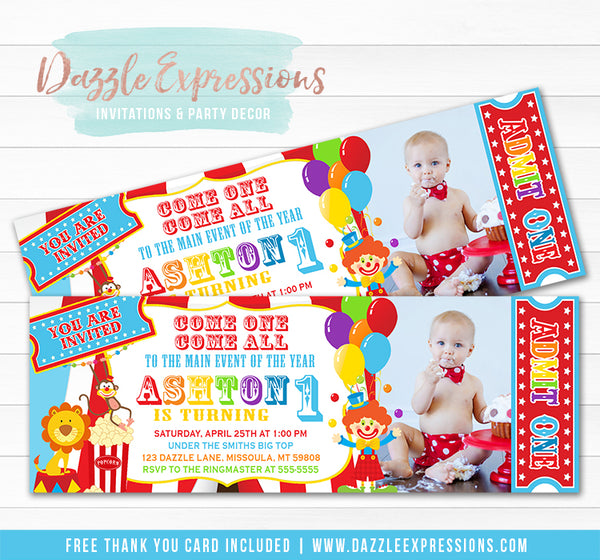 Circus Ticket Birthday Invitation 1 - Thank You Card Included – Dazzle ...